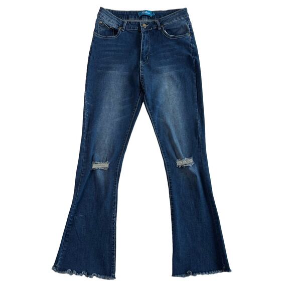 Klowa Super Flare Women's 11 Medium Wash Denim Raw Hem Stretchy Blue Jeans - Picture 1 of 8